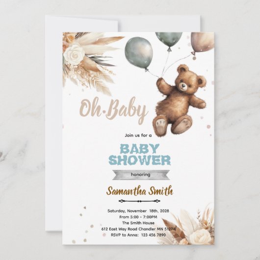 Pampas Grass bear baby shower invitation Kaart (Voorkant)