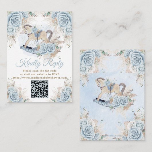 Pampas Grass Blauw Bloemen Rocking Paard RSVP QR Informatiekaartje (Voorkant / Achterkant)
