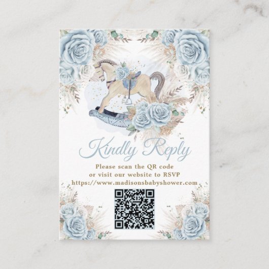 Pampas Grass Blauw Bloemen Rocking Paard RSVP QR Informatiekaartje (Voorkant)
