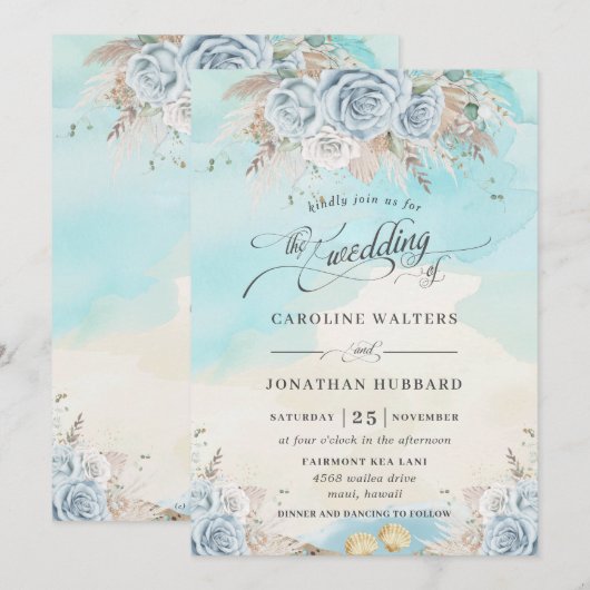 Pampas Grass Blauw Bloemen Strand Bestemming Bruil Kaart (Voorkant / Achterkant)