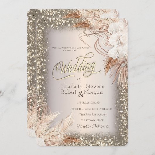 Pampas Grass Bloemen Glitter FrameBruiloft Kaart (Voorkant / Achterkant)