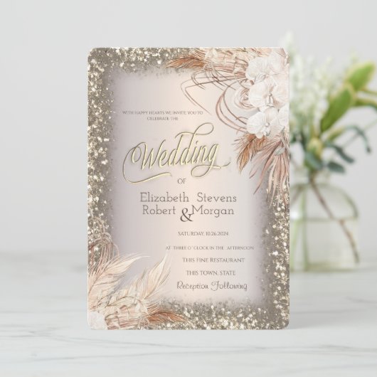 Pampas Grass Bloemen Glitter FrameBruiloft Kaart (Staand voorkant)