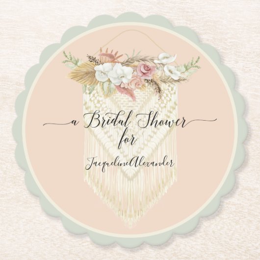 Pampas Grass Bloemen Groen Macrame Vrijgezellenfee Kartonnen Onderzetters (Voorkant)