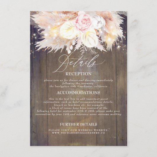 Pampas Grass Bloemen Rustiek Hout Bruiloft Details Informatiekaartje (Voorkant)