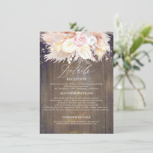 Pampas Grass Bloemen Rustiek Hout Bruiloft Details Informatiekaartje (Staand voorkant)