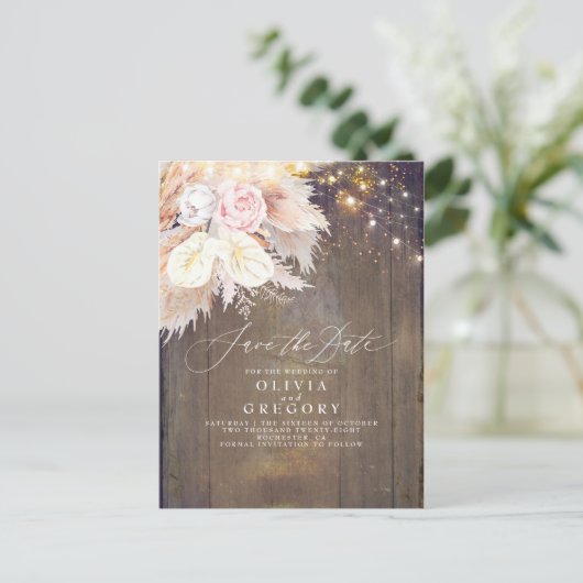 Pampas Grass Bloemen Rustiek Hout Save The Date Aankondigingskaart (Staand voorkant)