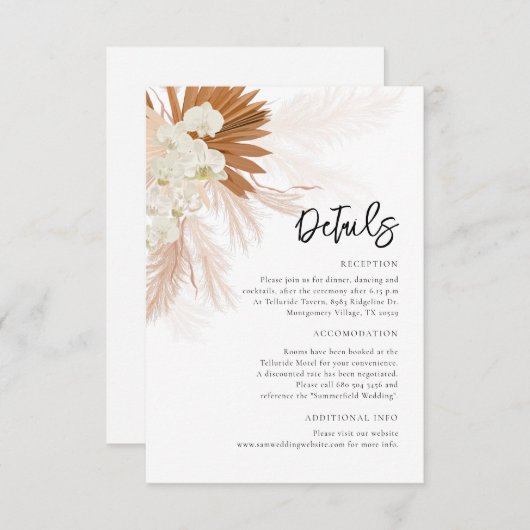 Pampas Grass Bloemen Trouwdetails Informatiekaartje (Voorkant / Achterkant)