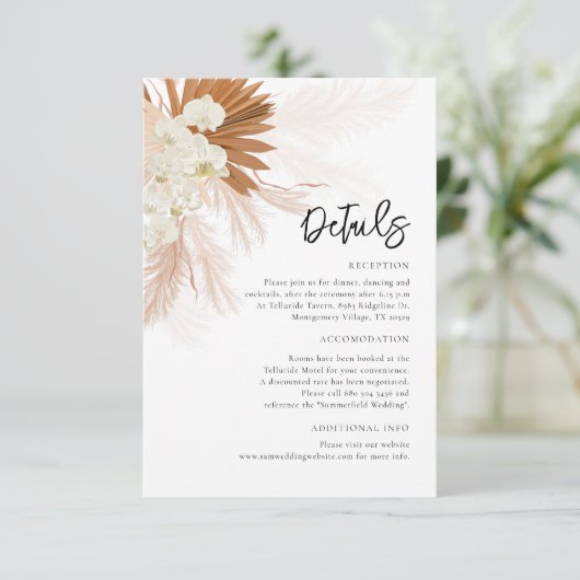 Pampas Grass Bloemen Trouwdetails Informatiekaartje (Staand voorkant)