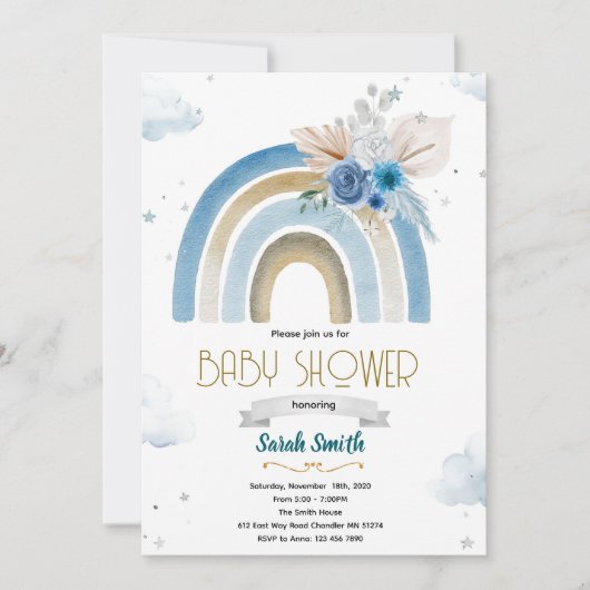 Pampas Grass blue boho rainbow invitation Kaart (Voorkant)