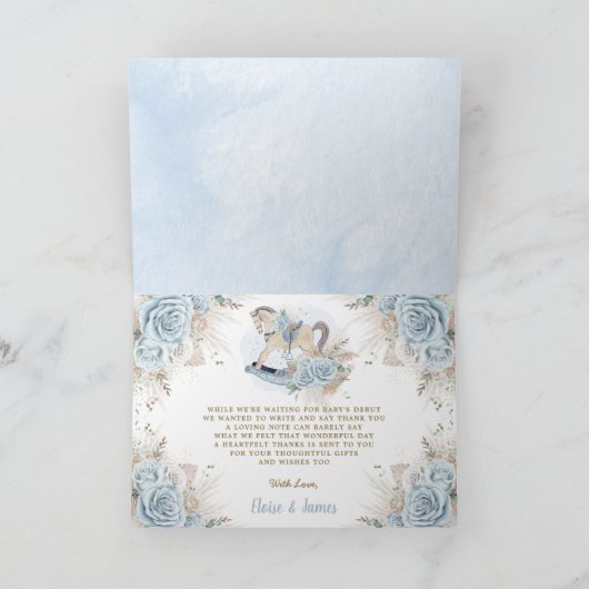 Pampas Grass Blue Floral Rocking Horse Baby shower Bedankkaart (Binnen)