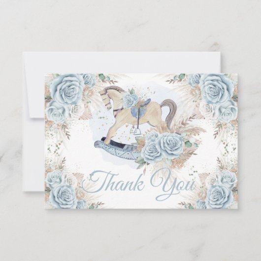 Pampas Grass Blue Floral Rocking Horse Baby shower Bedankkaart (Voorkant)