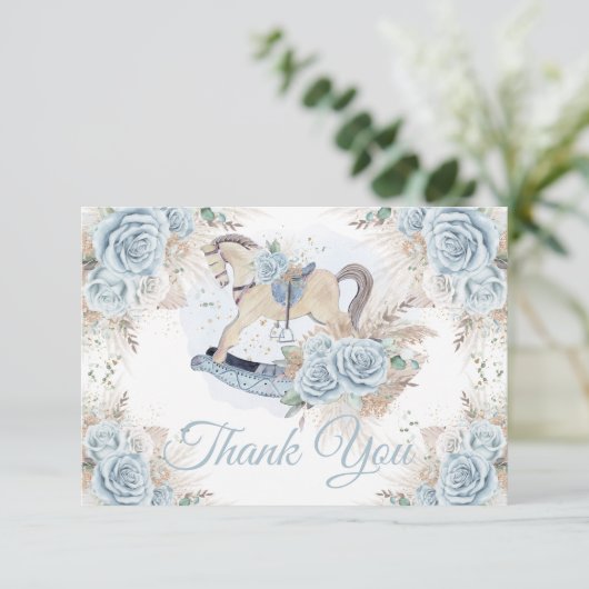 Pampas Grass Blue Floral Rocking Horse Baby shower Bedankkaart (Staand voorkant)