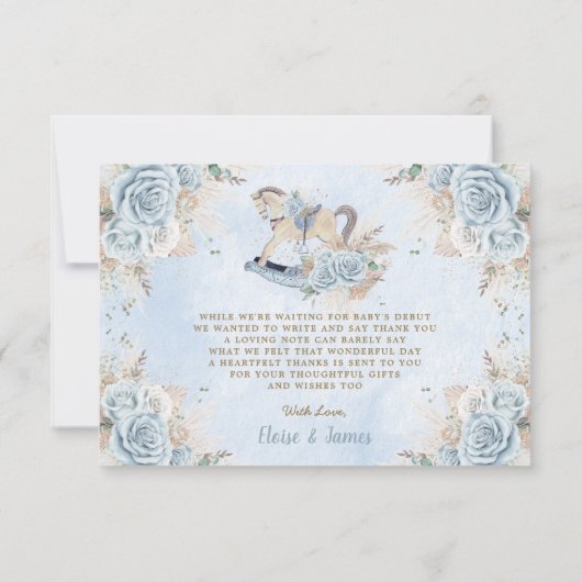 Pampas Grass Blue Floral Rocking Horse Baby shower Bedankkaart (Achterkant)