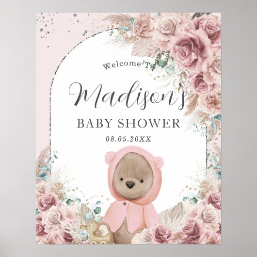 Pampas Grass Blush Floral Cute Teddy Bear Arch Poster (Voorkant)