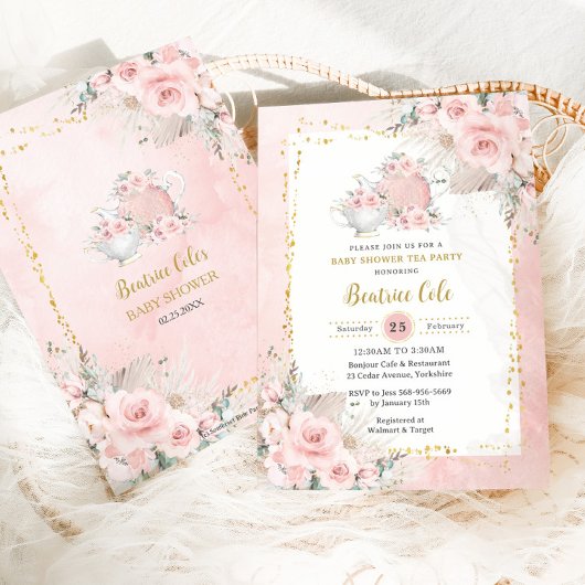 Pampas Grass Blush Floral Tea Party Baby shower Kaart