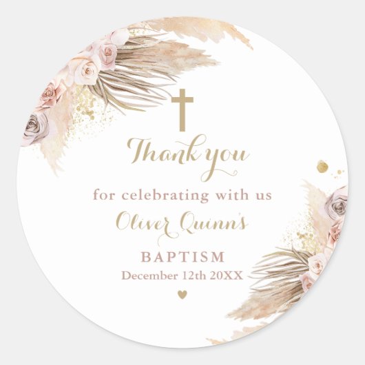 Pampas Grass Bohemian Baptism Christening Favor Ronde Sticker (Voorkant)