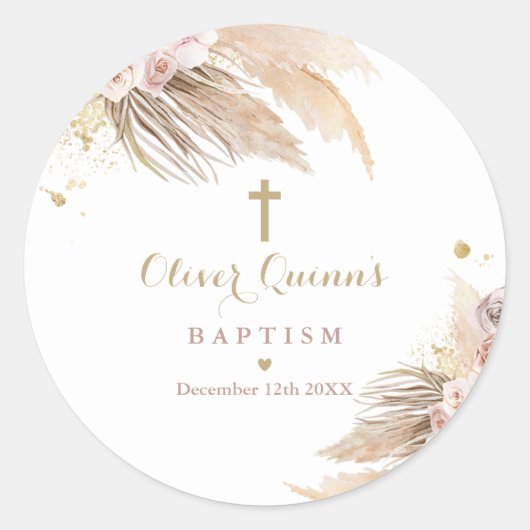 Pampas Grass Bohemian Baptism Christening Favor Ronde Sticker (Voorkant)
