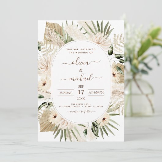 Pampas grass Bohemian Boho Eucalyptus Wedding Invi Kaart (Staand voorkant)