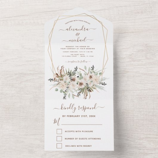 Pampas Grass Bohemian Boho Eucalyptus Wedding RSVP All In One Uitnodiging (Binnen)