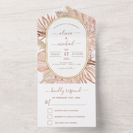 Pampas Grass Bohemian Boho Tropical Wedding All In One Uitnodiging