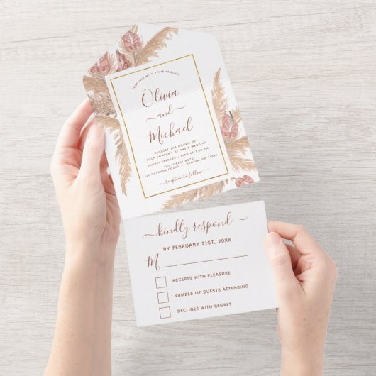 Pampas Grass Bohemian Boho Tropical Wedding RSVP All In One Uitnodiging (Afscheurbaar)
