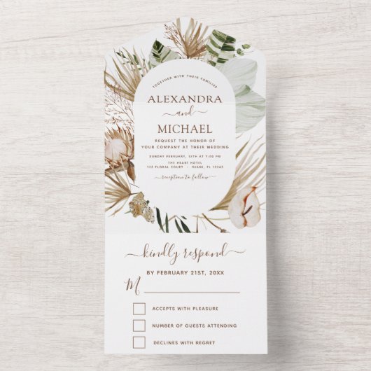 Pampas Grass Bohemian Boho Wedding Invitation All In One Uitnodiging (Binnen)