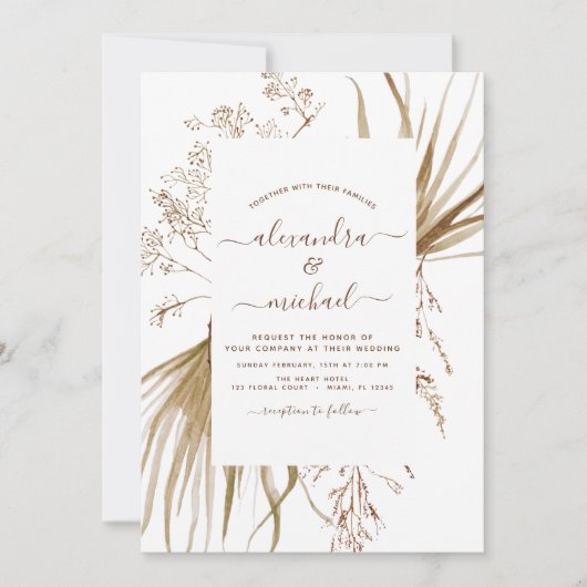 Pampas Grass Bohemian Boho Wedding Invitation Kaart (Voorkant)