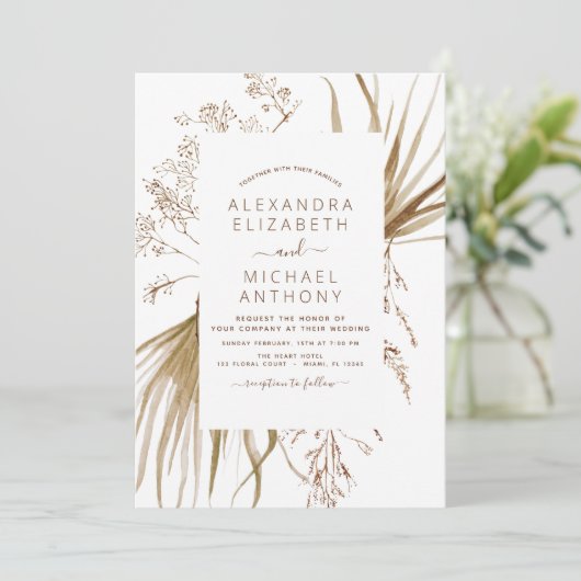 Pampas Grass Bohemian Boho Wedding Invitation Kaart (Staand voorkant)