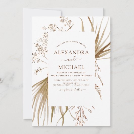 Pampas Grass Bohemian Boho Wedding Invitation Kaart (Voorkant)
