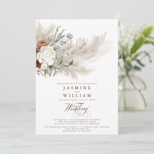 Pampas Grass Bohemian Budget QR Code Wedding Kaart (Staand voorkant)