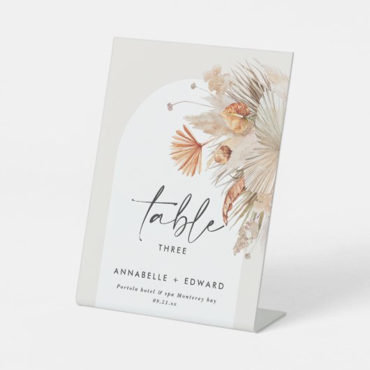 Pampas Grass Bohemian Floral Table Number Reclamebord Met Voetstuk (Voorkant)