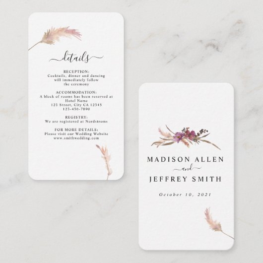 Pampas Grass Bohemian Wedding Details Kaart (Voorkant / Achterkant)