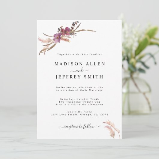 Pampas Grass Bohemian Wedding Invitation Aankondiging (Staand voorkant)