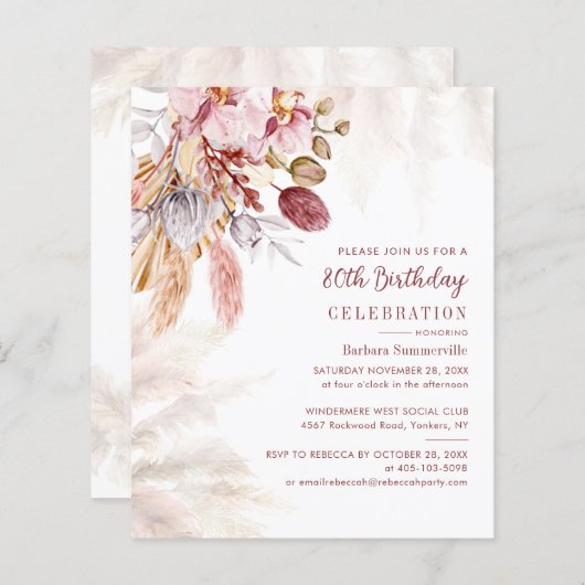 Pampas Grass Boho 80th Birthday Party Invitation (Voorkant / Achterkant)