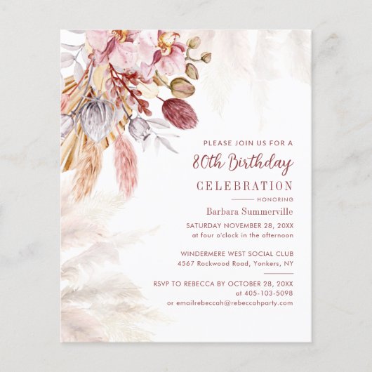 Pampas Grass Boho 80th Birthday Party Invitation (Voorkant)