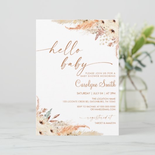 Pampas Grass Boho Baby shower Invitation Kaart (Staand voorkant)
