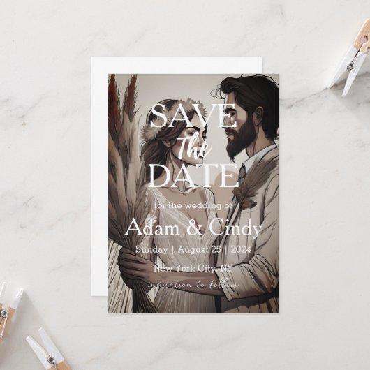 Pampas Grass Boho Bewaar de data Kaart (Voorkant / Achterkant in situ)