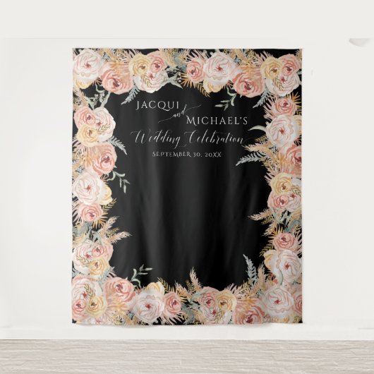 Pampas Grass Boho Bloemen Blush Rozen Bruiloftsfee Wandkleed (Voorkant)