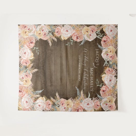 Pampas Grass Boho Bloemen Blush Rustiek Hout Weddi Wandkleed (Voorkant (horizontaal))