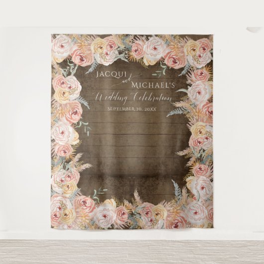 Pampas Grass Boho Bloemen Blush Rustiek Hout Weddi Wandkleed (Voorkant)