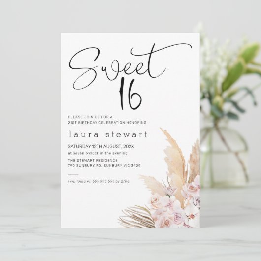 Pampas Grass Boho Bloemen Zoet 16e Verjaardag Kaart (Staand voorkant)