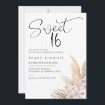 Pampas Grass Boho Bloemen Zoet 16e Verjaardag Kaart<br><div class="desc">Pampas Grass Boho Floral Sweet 16th Birthday Invitation Eenvoudig en modern sweet 16 verjaardagsuitnodiging met een zwarte moderne kalligrafie kop en een boho bloemstuk met pampasgras,  boomgaarden en rozen. Deze moderne uitnodiging voor de zestiende verjaardag voor iemand die op zoek is naar een bohemien geïnspireerd uitnodigingsontwerp.</div>