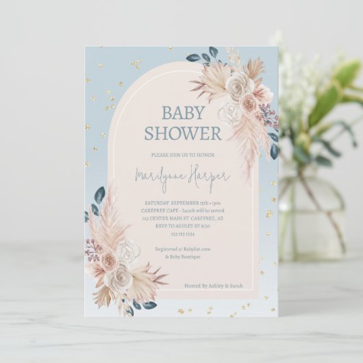 Pampas Grass Boho Blue Baby shower Kaart (Staand voorkant)