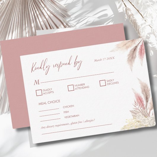 Pampas Grass Boho Blush Roze Elegant Bruiloft RSVP Notitiekaartje