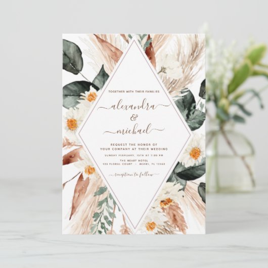 Pampas grass Boho Bohemian Eucalyptus Wedding Invi Kaart (Staand voorkant)