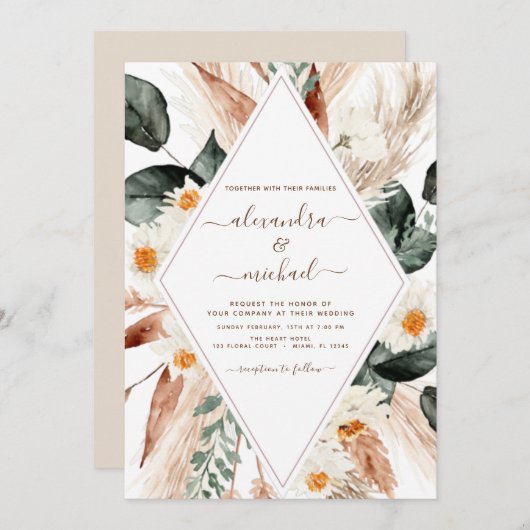 Pampas grass Boho Bohemian Eucalyptus Wedding Invi Kaart (Voorkant / Achterkant)