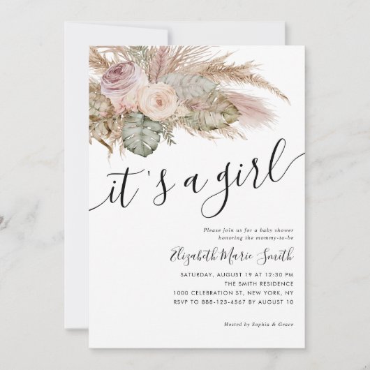 Pampas Grass Boho Bohemian Het is een meisje Baby  Kaart (Voorkant)