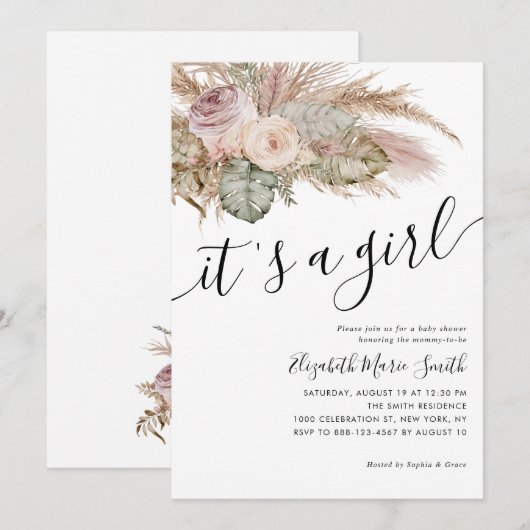 Pampas Grass Boho Bohemian Het is een meisje Baby  Kaart (Voorkant / Achterkant)