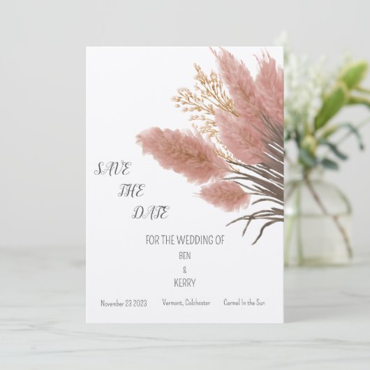 Pampas Grass Boho Bruiloft Save The Date Uitnodigi Kaart (Staand voorkant)