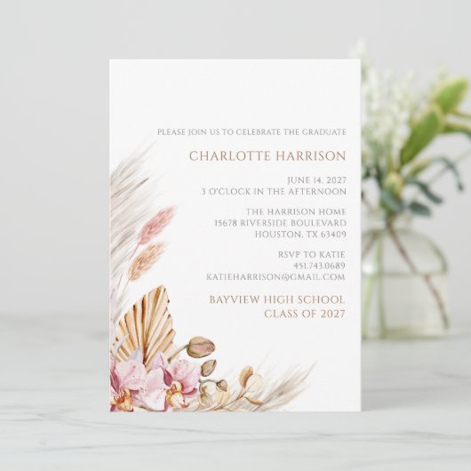 Pampas Grass Boho Chic Floral Afstuderen Kaart (Staand voorkant)